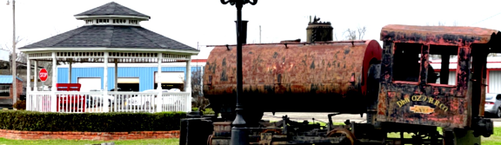 Train and gazebo in town square at entrance to Hugo, OK, downtown.